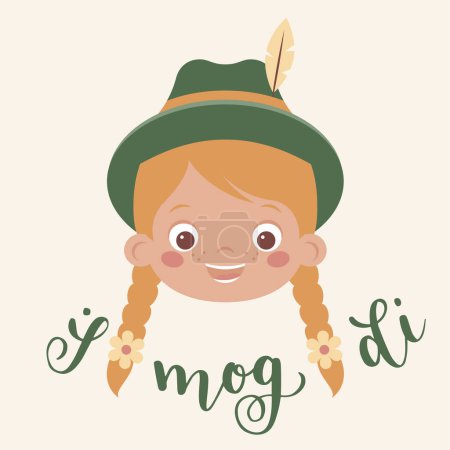 Illustration for "I mog di" hand drawn vector lettering in Bavarian, in English means "I like you". German hand lettering with happy Bavarian girl, perfect for greeting card design. Vector illustration - Royalty Free Image