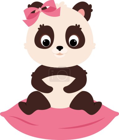 Illustration for Cute panda character sitting on a pillow. Baby girl panda character. Cartoon flat clip-art. Vector isolated illustration. - Royalty Free Image
