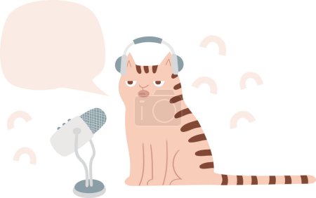 Illustration for Podcast concept vector illustration. A cat making a podcast flat drawing. Media hosting hand-drawn cartoon illustration. - Royalty Free Image