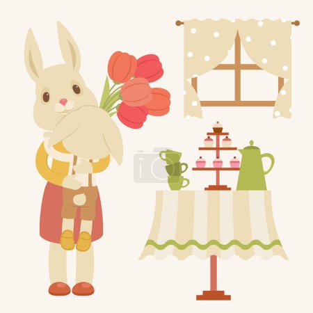 Illustration for Happy rabbits or bunnies family. Baby bunny giving flowers to its mother. Mother's day greeting card template. Festive tea party in a cute cottage interior. Vector illustration - Royalty Free Image
