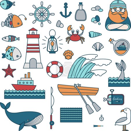 Téléchargez les illustrations : Icônes de dessin animé de la vie nautique. La vie du marin a isolé des illustrations vectorielles. 30 + icônes colorées de mer ou d'océan. - en licence libre de droit