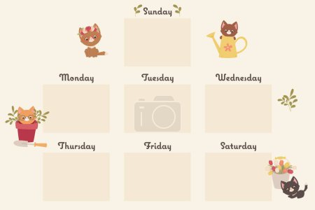 Ilustración de Planificador semanal con lindos gatitos de dibujos animados. Calendario semanal. Papelería amigable para niños. Arte vectorial. - Imagen libre de derechos