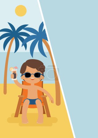 Téléchargez les illustrations : Summer vacations, Summer holidays,  Summer travel. travel destination. Happy man sitting in front of the sea or ocean with a cold drink under palms. Vector illustration - en licence libre de droit