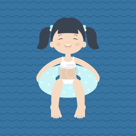 Téléchargez les illustrations : Amusant. Bonne petite fille nageant sur un genou gonflable dans l'eau. Enfant heureux s'amusant sur l'océan ou la mer. Amusement d'été pour les enfants. Sécurité aquatique pour les enfants. Illustration vectorielle de dessin animé - en licence libre de droit