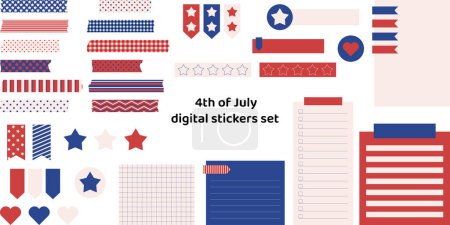 Illustration for 4th of July digital stickers set. Ready to use digital washi tapes, stickers, and note papers for bullet journaling or planning. Conceptual vector art - Royalty Free Image