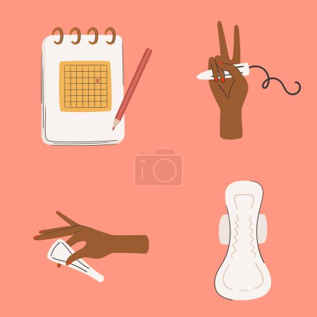 Illustration for Women's health and care during period vector illustration. Medical and self care concept. Calendar, tampon, pads. - Royalty Free Image