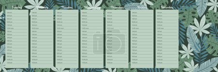 Illustration for Weekly tropical planner. Weekly calendar Sunday start. Hourly schedule. School schedule with tropical leaves. Vector art. - Royalty Free Image