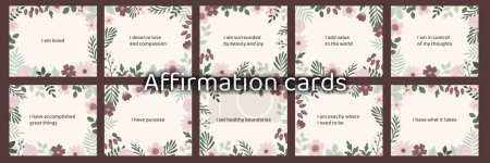 Illustration for Floral affirmation cards. Positive quotes, phrases, sayings.  Self-care positive and motivational cards. Emotional well-being. Hand-drawn vector illustration. - Royalty Free Image