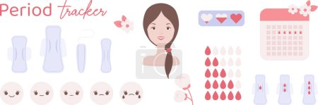 Illustration for Period tracker in cartoon style. Period pads, tampons, paing tracker, mood tracker, period calendar. Woman's health illustration. Personal care during period. Vector art. - Royalty Free Image