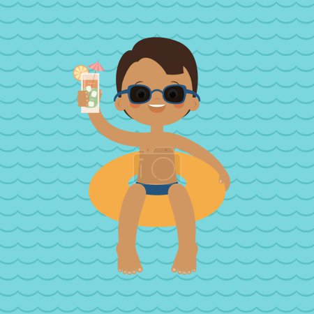 Illustration for Summer fun. Happy boy swimming on an inflatable lap in the water with a drink. Young adult having fun on the ocean or sea. Travel destination and vacation time. Vector cartoon illustration - Royalty Free Image