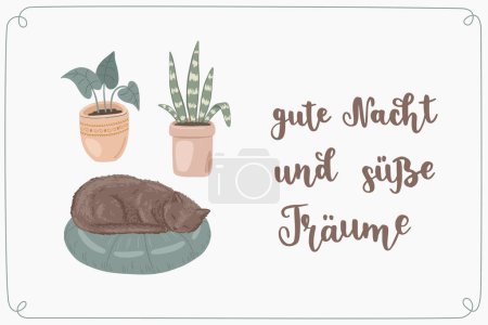Illustration for Hand-written lettering in German "gute Nacht und susse Traume", in English means "Good night and sweet dreams". Sleeping cat on a pillow close to house plants. German hand lettering. Vector illustration. - Royalty Free Image