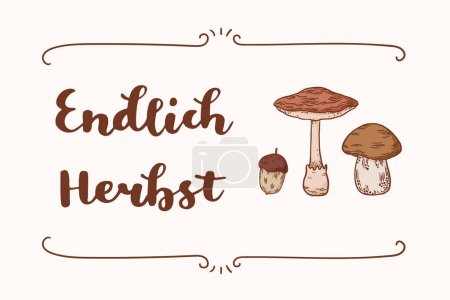 Ilustración de Letras alemanas de otoño "Endlich Herbst", en inglés significa "Finalmente Fall". Otoño saludos plantilla de bandera de temporada. Ilustración vectorial - Imagen libre de derechos