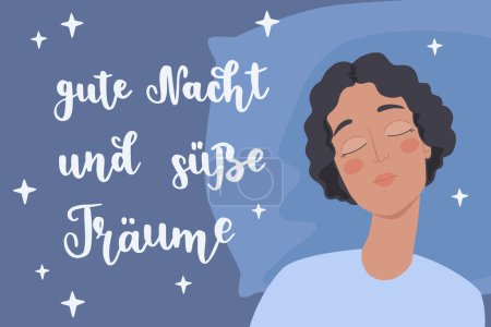 Illustration for Hand-written lettering in German "gute Nacht und susse Traume", in English means "Good night and sweet dreams". Sleeping woman on a pillow. German hand lettering. Vector hand-drawn illustration. - Royalty Free Image