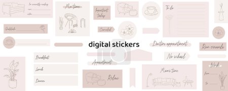 Slow living digital stickers. Digital note papers and stickers for bullet journaling or planning. Digital planner stickers. Vector art.