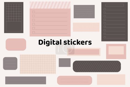 Blank trendy digital stickers. Digital note papers and stickers for bullet journaling or planning. Digital planner stickers. Vector art.
