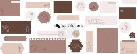 Illustration for Cozy home digital stickers. Digital note papers and stickers for bullet journaling or planning. Digital planner stickers. Vector art. - Royalty Free Image