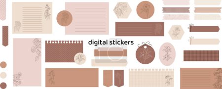 Illustration for Floral digital stickers. Digital note papers and stickers for bullet journaling or planning. Digital planner stickers. Vector art. - Royalty Free Image