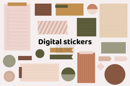 Blank trendy digital stickers. Digital note papers and stickers for bullet journaling or planning. Digital planner stickers. Vector art.