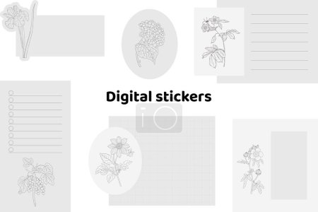Blank floral digital stickers. Digital note papers and stickers for bullet journaling or planning. Digital planner stickers. Vector art.