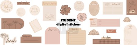 Illustration for Student's digital stickers. Digital note papers and stickers for digital bullet journaling or planning. Elegant digital planner stickers. Minimal style. Vector art. - Royalty Free Image