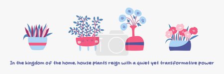 Illustration for Cartoon house plants illustration with inspirational text. Urban jungle concept. Cute indoor plants. Concept lettering. Growing house plants. Vector illustration. - Royalty Free Image