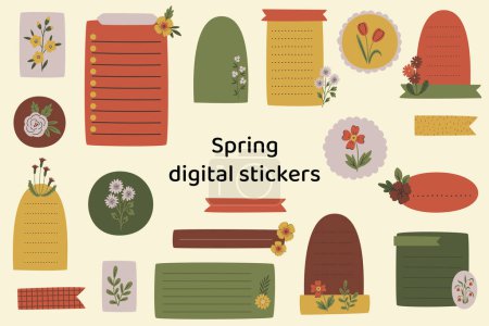Blank floral digital stickers. Spring stickers. Digital note papers and stickers for bullet journaling or planning. Digital planner stickers. Vector art.