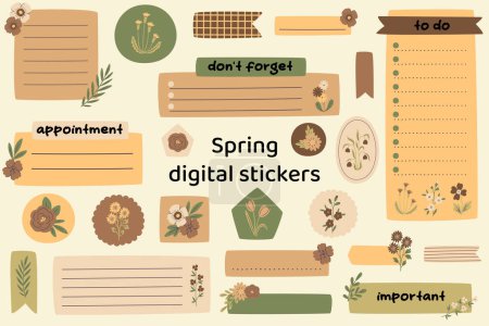 Blank floral digital stickers. Spring stickers. Digital note papers and stickers for bullet journaling or planning. Digital planner stickers. Vector art.