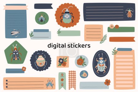 Blank floral digital stickers with bugs or beetles. Digital note papers and stickers for bullet journaling or planning. Digital planner stickers. Vector illustrations.
