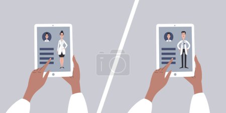 Illustration for Choosing a doctor using a tablet. Choosing male or female doctor. Man and woman doctor characters design. Conceptual vector illustration. - Royalty Free Image