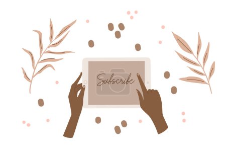 Black skin hands holding tablet surrounded by floral decor elements. Subscribe button for social media. CTA button. Vector illustration
