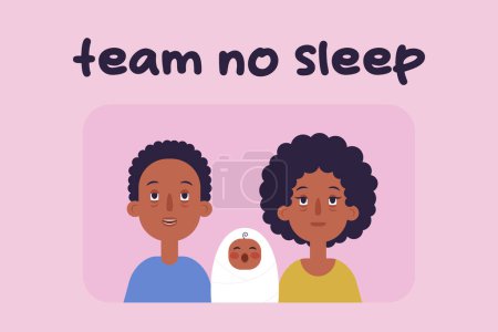 Illustration for "Team no sleep". Print design template. Printable vector lettering, isolated. Sleepy tired couple vector illustration. Exhausted parents with crying baby. - Royalty Free Image