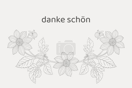 Illustration for German gratitude lettering "danke schon", in English means "thank you". German lettering with hand-drawn flower. Thank you note. Vector illustration - Royalty Free Image