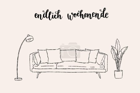 Der deutsche Schriftzug "Endlich Wochenende" bedeutet auf Englisch "Endlich Wochenende". Handgezeichneter Innenraum: Couch, Lampe und Zimmerpflanze. Vektorillustration