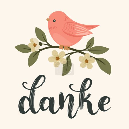 Illustration for German gratitude lettering "danke", in English means "thank you". German hand lettering with a bird on blossoming branch. Thank you note. Vector illustration - Royalty Free Image