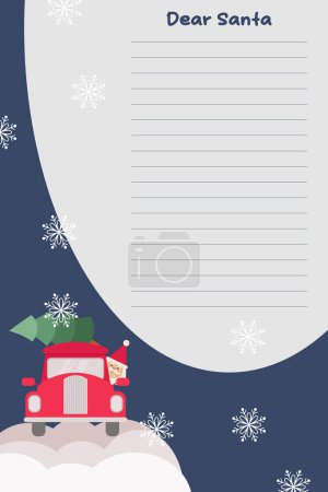 Carta a Santa. Lista de deseos de Navidad. Plantilla de carta de Santa con Santa equitación coche vintage rojo. Ilustración vectorial