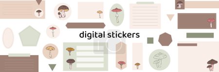 Illustration for Digital note papers and stickers for digital bullet journaling or planning. Hand drawn vector mushrooms set. Line art. Ready to use blank sticky notes. - Royalty Free Image