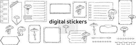 Illustration for Digital note papers and stickers for digital bullet journaling or planning. Hand drawn vector mushrooms set. Line art. Ready to use blank sticky notes. - Royalty Free Image
