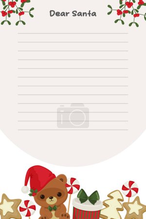 Ilustración de Carta a Santa. Lista de deseos de Navidad. Plantilla de carta de Santa con muérdago, oso de peluche, caja de regalo, dulces de Navidad y galletas de Navidad. Ilustración vectorial - Imagen libre de derechos
