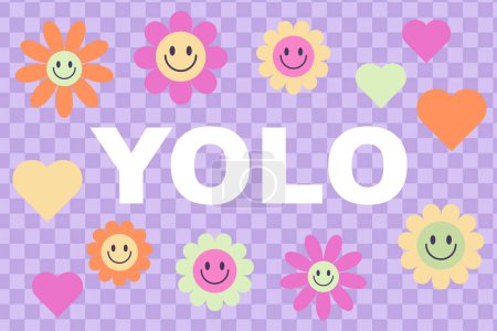 "YOLO "frase Y2K en letras estilizadas sobre fondo violeta claro con flores y corazones. Significa que solo vives una vez. Diseño de impresión retro Y2K. Vector 90s, 2000 ilustración estética
