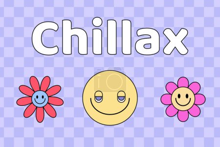 "Chillax" (chill + relax) Y2K  phrase in stylized lettering on light violet background with flowers and emoji. Retro Y2K print design. Vector 90s, 2000s aesthetic illustration