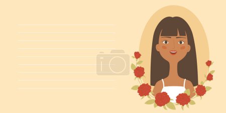 Illustration for Cute greeting card design for Spring holiday. International women's day or Mother's day card design. Pretty brown girl in floral wreath. Vector illustration. - Royalty Free Image