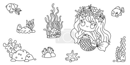 Illustration for Line art coloring page for kids. Kindergarten or preschool coloring activity. Kawaii mermaid, seaweeds, fish, and seastar. - Royalty Free Image