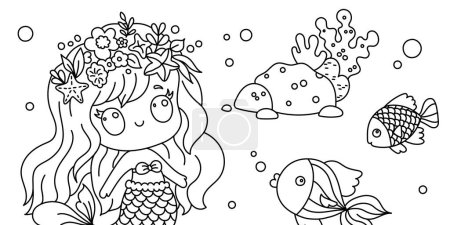 Illustration for Line art coloring page for kids. Kindergarten or preschool coloring activity. Kawaii mermaid, seaweeds, and fish. - Royalty Free Image