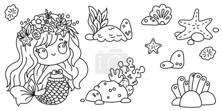 Illustration for Line art coloring page for kids. Kindergarten or preschool coloring activity. Kawaii mermaid, seaweed, fish, and seastar. Vector illustration - Royalty Free Image