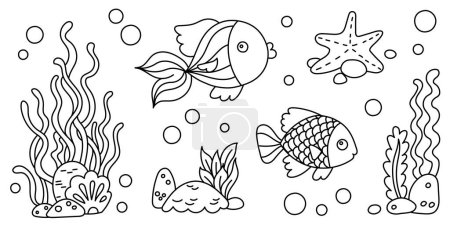 Illustration for Line art coloring page for kids. Kindergarten or preschool coloring activity. Underwater life, seaweeds, fish, seashell, and seastar. Ocean or sea life vector illustration - Royalty Free Image