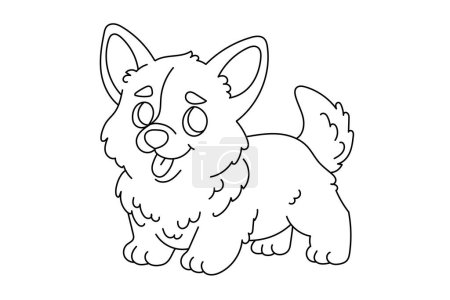 Line art coloring page for kids. Kindergarten or preschool coloring activity. Kawaii welsh corgi puppy and tulip. Cute pet vector illustration