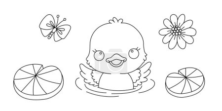 Illustration for Kawaii line art coloring page for kids. Kindergarten or preschool coloring activity. Cute swimming duckling, flower and butterfly. Outdoor nature life vector illustration - Royalty Free Image