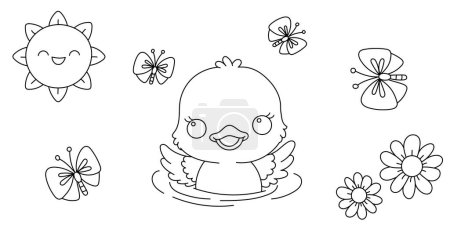 Illustration for Kawaii line art coloring page for kids. Kindergarten or preschool coloring activity. Cute swimming duckling, flower and butterfly. Outdoor nature life vector illustration - Royalty Free Image