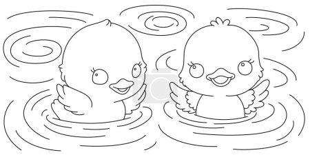 Illustration for Kawaii line art coloring page for kids. Kindergarten or preschool coloring activity. Cute ducklings swimming in the water. Outdoor nature life vector illustration - Royalty Free Image