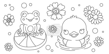 Ilustración de Kawaii línea de arte para colorear página para niños. Actividad para colorear en el jardín de infantes o preescolar. Lindo patito nadador, flor y rana. Naturaleza al aire libre vida vector ilustración - Imagen libre de derechos